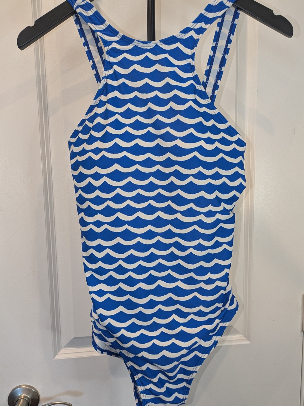 Blue White Wave Print One Piece Swimsuit Size Large Racerback Removable Pads